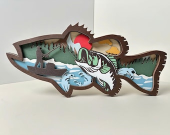 3D-Schicht-Barsch-Angeln-Wand-Kunst, rustikales im Freiendekor, Fischer-Geschenk für Vati