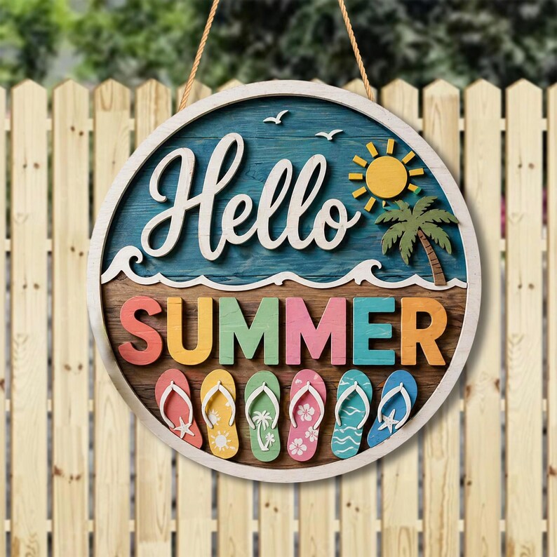 Hello Summer Beach Door Sign, Coastal Flip Flop Wood Hanger, Tropical ...