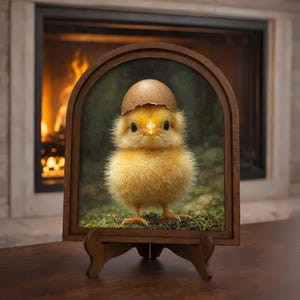 Puede incluir: Una impresión enmarcada de un pollito amarillo y esponjoso con una cáscara de huevo en la cabeza. La obra de arte se exhibe en un caballete de madera, sobre un fondo borroso de una chimenea. El marco es de color marrón oscuro.