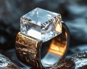 May include: A ring featuring a large, clear, transparent cubic gemstone set atop a wide, metallic band. The band displays a textured, hammered finish and a rectangular panel engraved with a geometric, repeating square pattern in gold tones.