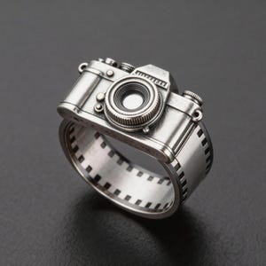 Puede incluir: Un anillo de metal plateado con un diseño de cámara en miniatura en la parte superior. La banda del anillo tiene una textura que se asemeja a una tira de película fotográfica de 35 mm con orificios rectangulares negros en los bordes.