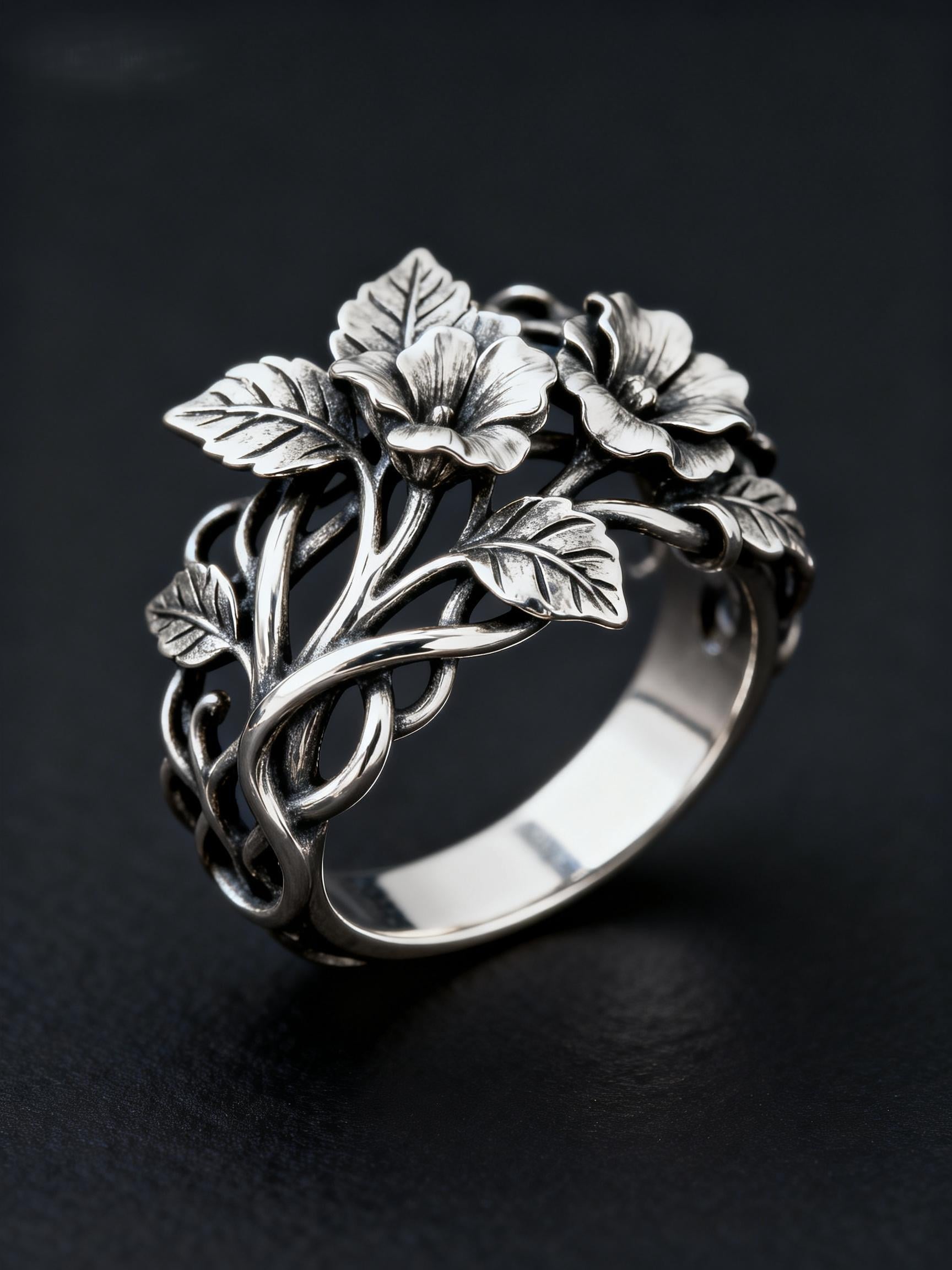 Sterling Silver Wildflower Vine Ring, Romantic Botanical Band, Oxidized ...