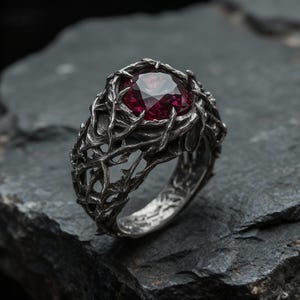 Könnte beinhalten: Ein silberner Ring mit einem großen, runden, tiefroten Edelstein. Das Band des Rings weist ein detailliertes, strukturiertes Design auf, das verschlungenen Ästen ähnelt. Der Edelstein ist in einem ähnlichen, organisch wirkenden Rahmen gefasst.