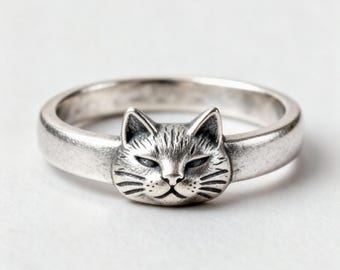 スターリングシルバーの猫の頭の指輪：手作りの猫のジュエリー - Etsy 日本