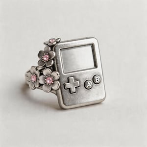 Puede incluir: Un anillo de metal plateado con el diseño de una consola de juegos portátil rectangular que incluye una cruceta y botones marcados con A y B. El lateral del anillo está decorado con cuatro flores de metal esculpidas, cada una con una pequeña piedra rosa en el centro.