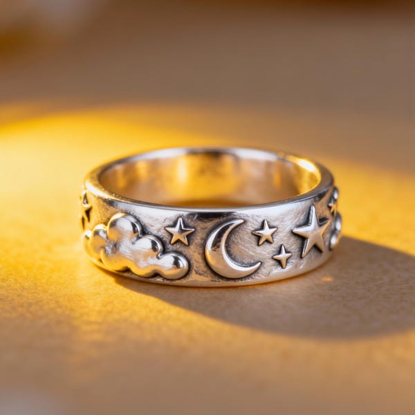 Handmade Sterling Silver Moon & Stars Ring – Dreamy Celestial Jewelry, Customizable Night Sky Band