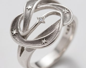 Sterling Silver Orbit Ring – Celestial Galaxy Inspired, Star Accents, Customizable Stone