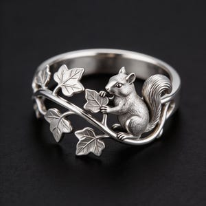 May include: A silver-toned ring featuring a sculpted squirrel perched on a branch with detailed leaves. The metal surface has a polished finish, highlighting the texture of the squirrel's fur and the veins on the leaves wrapping around the band.