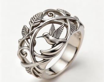 Könnte beinhalten: Ein silberfarbener Ring mit einem komplexen durchbrochenen Design, das einen Kolibri zeigt, der in einem kreisförmigen Rahmen sitzt, umgeben von detaillierten Blättern und Rankenmustern. Das Metall hat eine polierte Oberfläche mit sichtbaren Texturen.