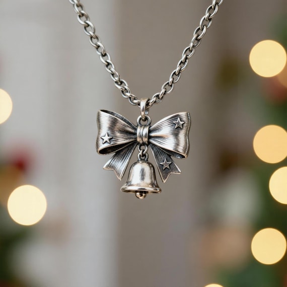 Handmade Sterling Silver Christmas Bell Bow Necklace – Holiday Jewelry