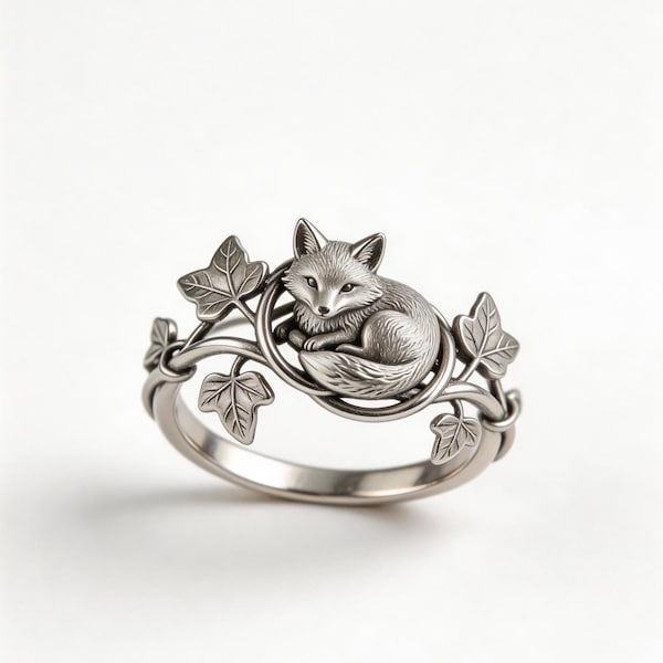 Sterling Silver Sleeping Fox Ring, Woodland Ivy Band, Animal Jewelry, Nature Inspired, Custom Sizing