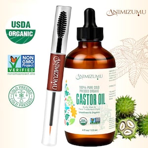 May include: An image featuring a bottle of Animzumu 100% Pure Cold Pressed Organic Castor Oil, 4 fl oz, and a brow and lash serum. The bottle has a dropper and is brown. The serum has a brush and a fine tip applicator. USDA Organic and Non-GMO Project Verified.