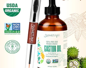 Organic Castor Oil (4oz Glass Bottle) USDA Certified, 100% Pure, Cold-Pressed, Boost Hair Growth for Thicker, Fuller Hair, Lashes & Eyebrows