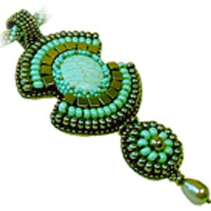 May include: A beaded pendant with a turquoise and silver design. The pendant is shaped like a teardrop and has a small pearl at the bottom.