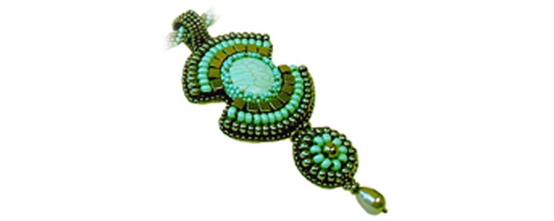 May include: A beaded pendant with a turquoise and silver design. The pendant is shaped like a teardrop and has a small pearl at the bottom.