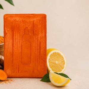 May include: A rectangular orange bar of soap featuring an embossed dropper bottle icon on its front surface. The soap is displayed alongside a wooden bowl filled with turmeric powder, raw turmeric roots, and fresh yellow lemon slices.