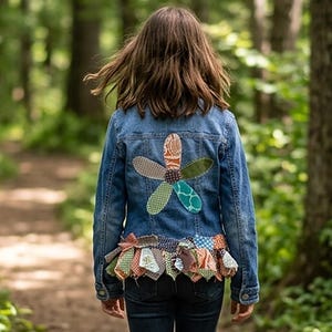 May include: A denim jacket with a colorful flower design on the back and a ruffled hem. The jacket is blue and has a patchwork design. The person is walking on a path in a forest. The text at the bottom says: This is an ai generated model. Flat lay photos are of the actual product.