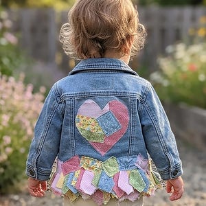 May include: A denim jacket with a heart-shaped patch on the back, featuring a patchwork design in pink, yellow, and blue. The jacket has a ruffled hem with colorful fabric scraps. The child is wearing beige pants and blue sneakers.