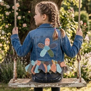 Upcycled Denim Jacket: Toddler Girl Neutral Patchwork Jean Coat with Daisy Flower Applique