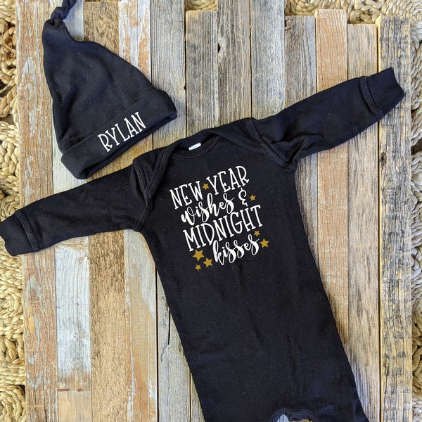 New Year Wishes Midnight Kisses, First New Year Outfit, Baby's First New Year, Happy New Year romper, New Years Eve Outfit, Personalized Hat