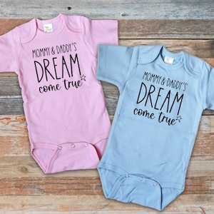 Roupa de recém-nascido para ir para casa, o sonho da mamãe e do papai se torna realidade, macacão personalizado para bebê, body para fertilização in vitro, presente de chá de bebê para futuros pais
