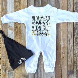 New Year Wishes Midnight Kisses, First New Year Outfit, Baby's First New Year, Happy New Year romper, New Years Eve Outfit, Personalized Hat