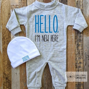 Personalized Baby Romper and Hat: Hello I&#39;m New Here, Going Home Outfit