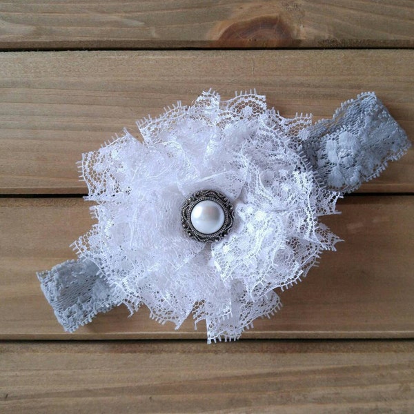 Lace Flower Headband, Rustic headband, gifts under 10, stocking stuffers for girls, Newborn photo prop, Shabby chic headband, Baby head band