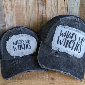 What&#39;s Up Witches Halloween Trucker Cap: Distressed Ponytail Hat