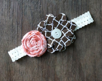 Flower headband, brown, cream and salmon headband, Fall color headband, lace headband, rustic headband