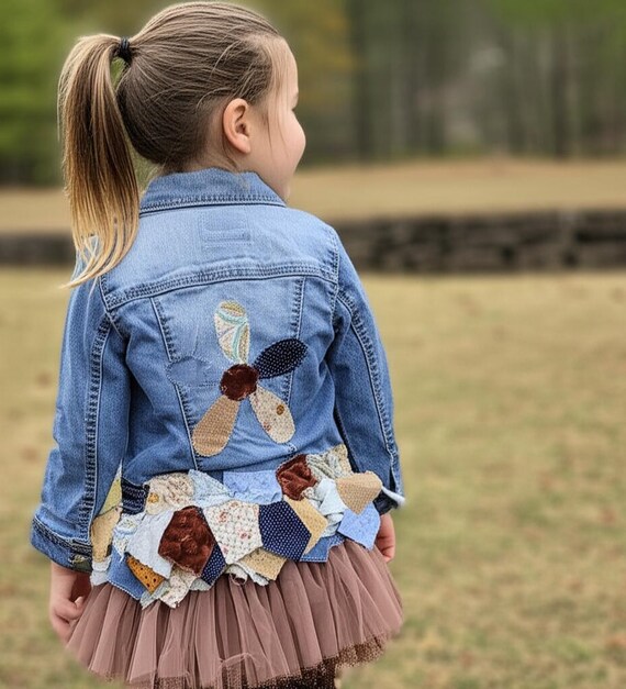 Upcycled Denim Jacket: Toddler Girl Size 5, Neutral Patchwork Jean Coat