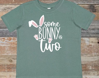 May include: A teal blue t-shirt with a white graphic that says "Some Bunny is Two" with pink bunny ears and pink footprints.