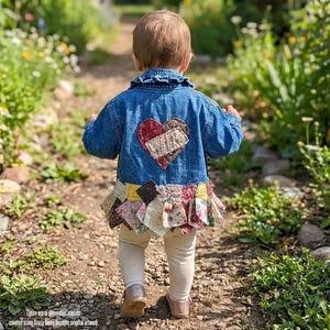 May include: A denim jacket with a patchwork heart design on the back and a ruffled hem. The jacket is blue and has a decorative collar. The child is wearing beige leggings and sparkly shoes. The text at the bottom says "These are AI generated models created using Crazy Daisy Designs original artwork."