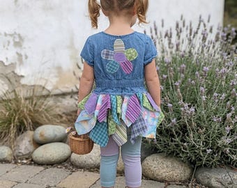 Upcycled Denim Dress with Rag Skirt, Spring Outfit, 2nd Birthday Gift for Granddaughter