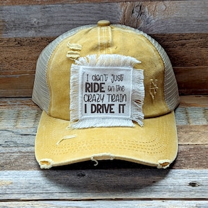 Funny Hat, Sarcastic Hat, I Don't Just Ride the Crazy Train I Drive It, Funny Trucker Cap, Teacher Gift, Distressed Criss Cross Ponytail Hat