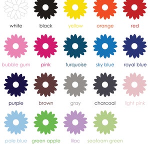 May include: A chart of 18 daisy-shaped vinyl decals in various colors, including white, black, yellow, orange, red, bubble gum pink, turquoise, sky blue, royal blue, purple, brown, gray, charcoal, light pink, pale blue, green apple, lilac, and seafoam green. The text "vinyl options" and "colors may not be exact" is at the top of the chart. The text "Crazy daisy designs" is at the bottom of the chart.