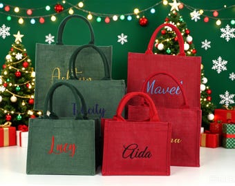 Personalized Red Burlap Bag, Custom Name Jute Bag,Christmas Gift