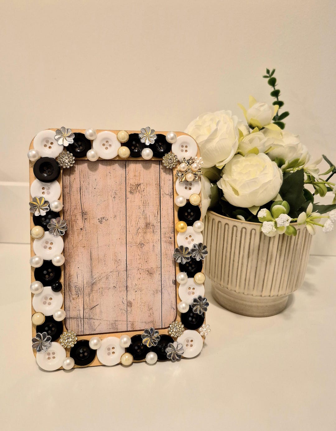 Handmade Black & White Button Picture Frame: Modern Minimalist Decor - Etsy
