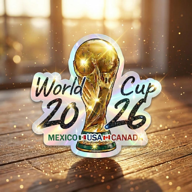 May include: A sticker featuring the World Cup trophy in gold, with the words "World Cup 26" in black glitter. The sticker also includes the flags of Mexico, USA, and Canada.
