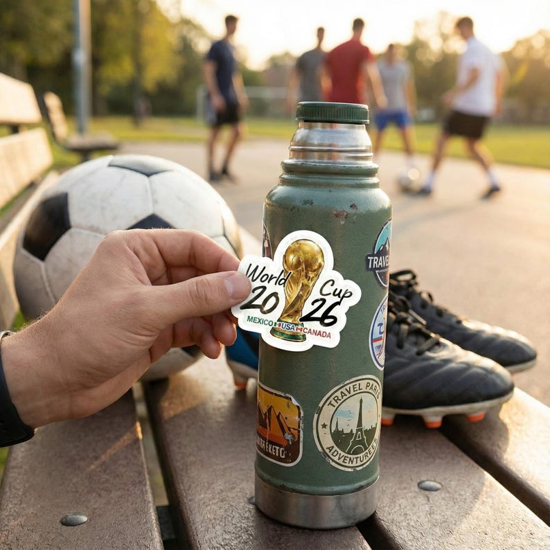 May include: A green insulated water bottle with travel stickers, a soccer ball, and a pair of black soccer cleats. A hand holds a sticker that says "World Cup 2026" with the trophy and the flags of Mexico, USA, and Canada.