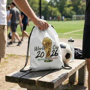May include: White drawstring bag featuring the text "World Cup 2026" with a gold trophy graphic. The bag also includes the text "Mexico USA Canada". A soccer ball and water bottle are nearby.