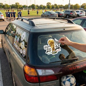 May include: A person applying a white sticker with gold accents to the rear window of a green station wagon. The sticker reads "World Cup 26" and features a trophy graphic. Other stickers are visible on the window. A soccer ball is in the trunk.