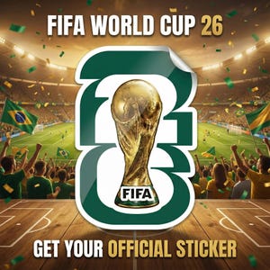 May include: A promotional image for the FIFA World Cup 26, featuring the trophy and a stadium scene. The image includes the text "FIFA WORLD CUP 26" and "GET YOUR OFFICIAL STICKER". The trophy is gold, and the background shows fans and flags.