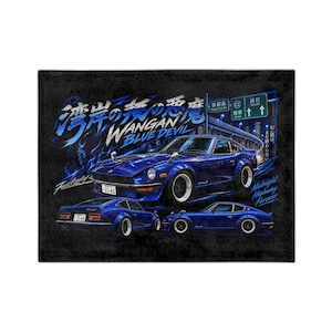 May include: A rectangular wall art print featuring a blue sports car in three different angles against a dark background. The text WANGAN BLUE DEVIL is displayed in large white and blue stylized lettering, alongside Japanese characters and highway signs.