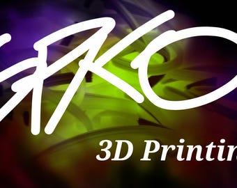 May include: Abstract digital art featuring the white letters "SKO" in a handwritten style, above the words "3D Printing" in a serif font. The background has a blurred, colourful design with shades of purple, green, and yellow.