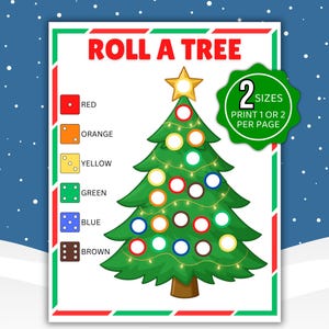 以下が含まれることがあります： 「Roll a Tree」というタイトルの、クリスマスをテーマにした印刷可能なカラフルなゲーム。緑色のクリスマスツリーにオーナメントと星が描かれています。ゲームは、サイコロを振って、赤、オレンジ、黄色、緑、青、茶色のオーナメントで木を飾るというものです。