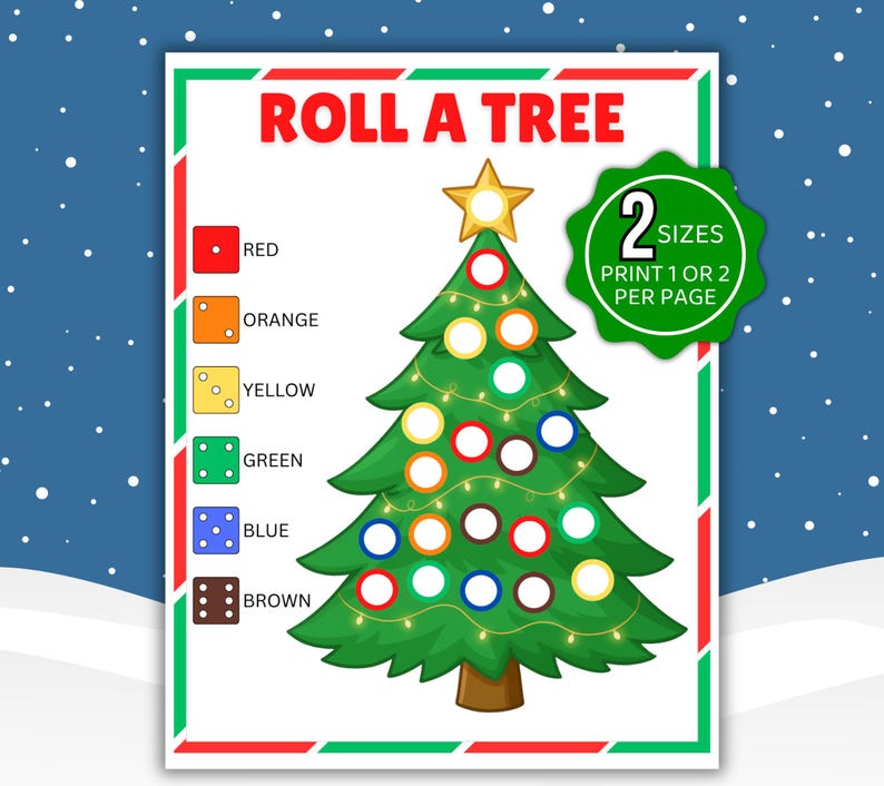 以下が含まれることがあります： 「Roll a Tree」というタイトルの、クリスマスをテーマにした印刷可能なカラフルなゲーム。緑色のクリスマスツリーにオーナメントと星が描かれています。ゲームは、サイコロを振って、赤、オレンジ、黄色、緑、青、茶色のオーナメントで木を飾るというものです。