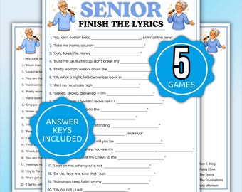 Druckbare Beenden Sie die Texte, Beenden Sie die Texte Senior-Spiele, Song-Spiele für Senioren, Song-Trivia, lustige Spiele für ältere Menschen, Memory-Spiele