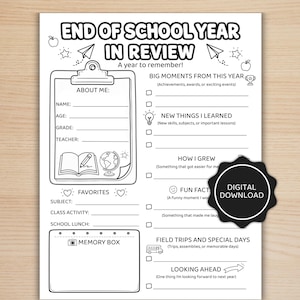 Op de afbeelding: Zwart-wit printbaar werkblad "Einde van het schooljaar in overzicht". Bevat secties voor "Over mij", "Grote momenten", "Nieuwe dingen die ik leerde" en "Herinneringsdoos".