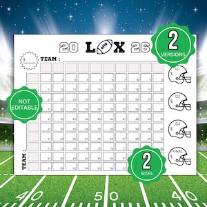 May include: A white football squares grid with the text "20 LOX 26" and "TEAM:" is displayed. The grid has 100 squares, with football helmet icons labeled Q1, Q2, Q3, and FINAL. The image also includes the text "2 VERSIONS" and "2 SIZES".